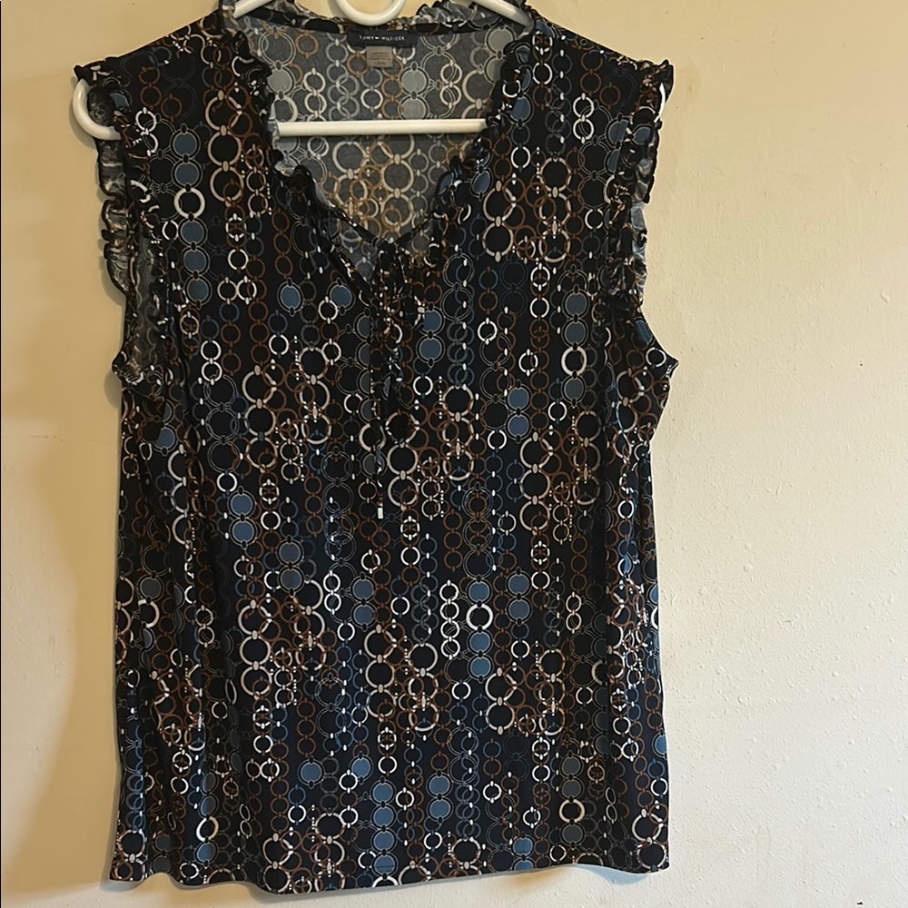 Tommy Hilfiger Black and Blue Sleeveless Ruffled Blouse